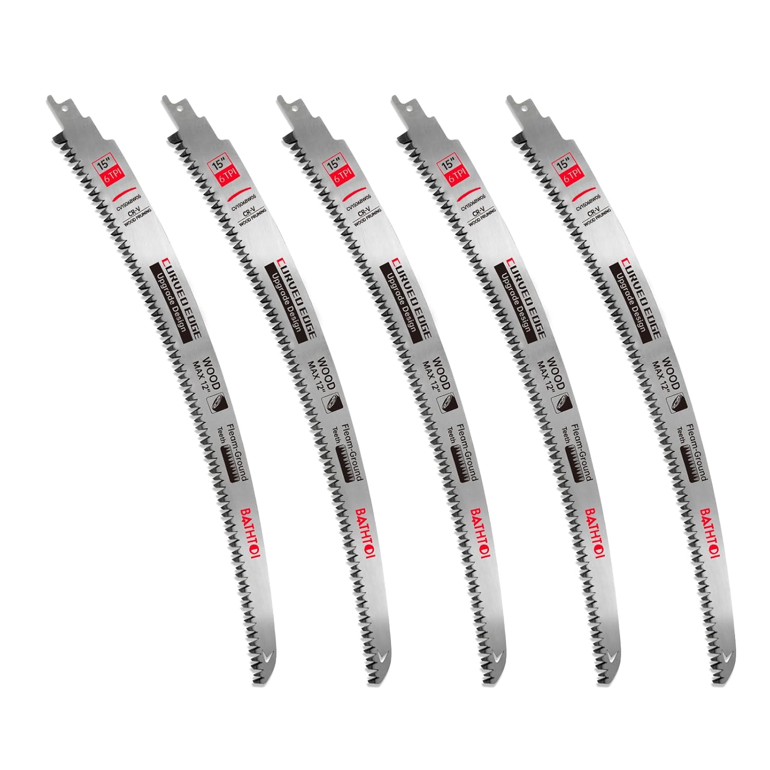 5 Pack 15 Inch 6 Tpi Japanese Teeth Reciprocating Saw Blades for Wood Cutting and Tree Trimming, Cr-V Sawzall Blades with Curved Edge and Fleam-Ground Teeth for Longer Life and Faster Cutting Speed