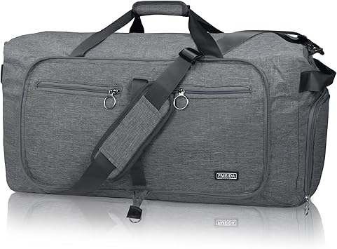 Fmeida 65L Foldable Travel Duffle Bag, Lightweight Waterproof Weekend Luggage with Shoes Compartment, Large Overnight Holdall Tote, Light Gray