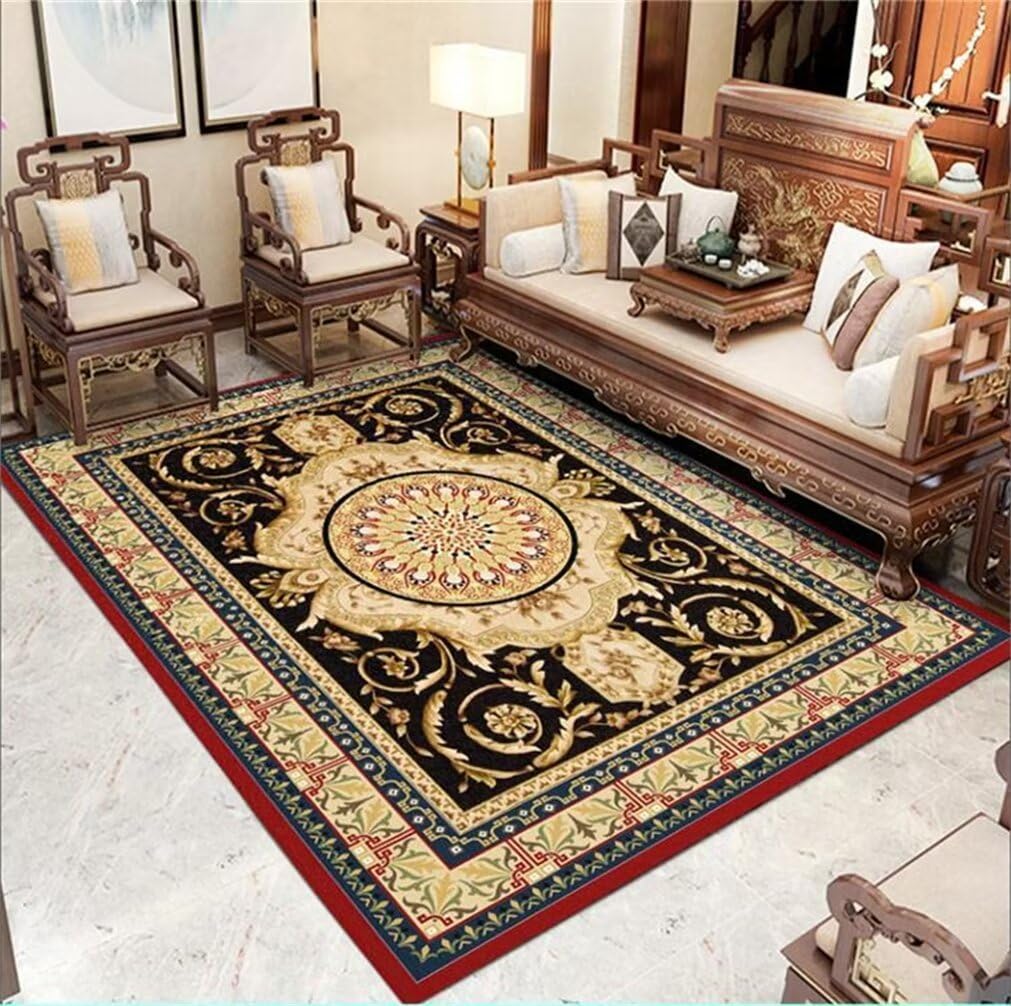 Tapis de salon lavable 160x210 cm avec motif floral rouge et noir vintage