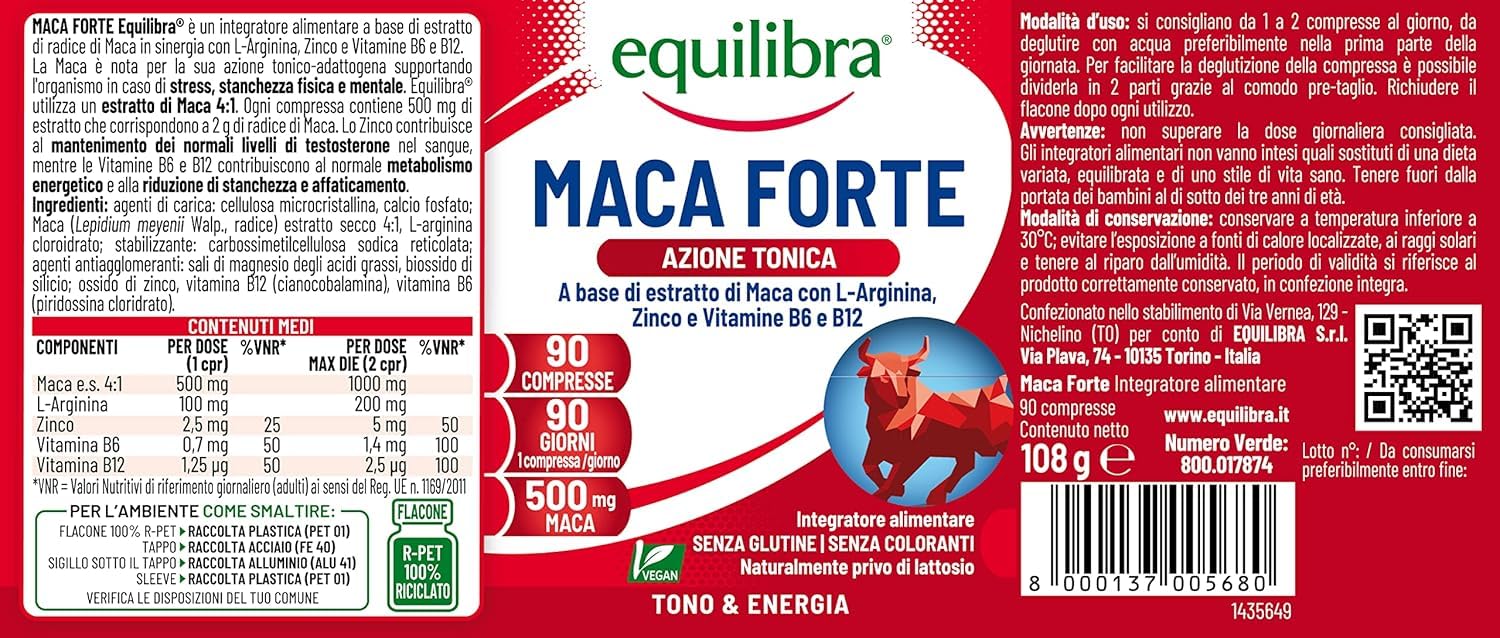 Equilibra Integratori Alimentari, Maca Forte, Tono e Vigore Fisico, Altodosato a Base di Estratto di Radice di Maca Peruviana 500 mg, L-Arginina, Zinco, Vitamine B6 e B12, 90 Compresse