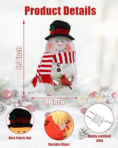 Miniatura 4 de Bdor Decoración navideña de muñeco de nieve de 6.3 pulgadas con bufanda cardenal y roja, figura de muñeco de nieve de cristal con brillo cálido para