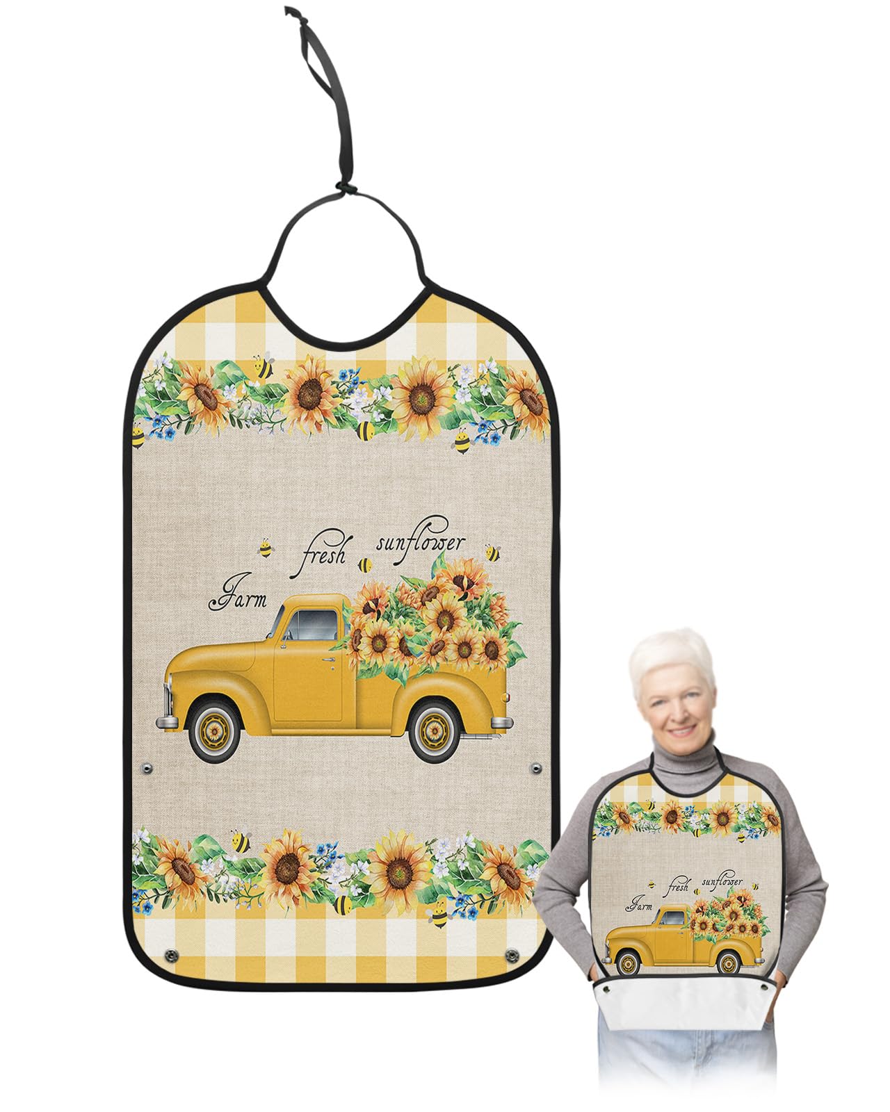 Sunflower Truck Adult Bibs for Eating, Waterproof Bibs with Food Catcher & Adjustable Snap Closure, Yellow Plaid Spring Floral Rustic Burlap Clothing Protectors Adult Bibs for Elderly Women/Men