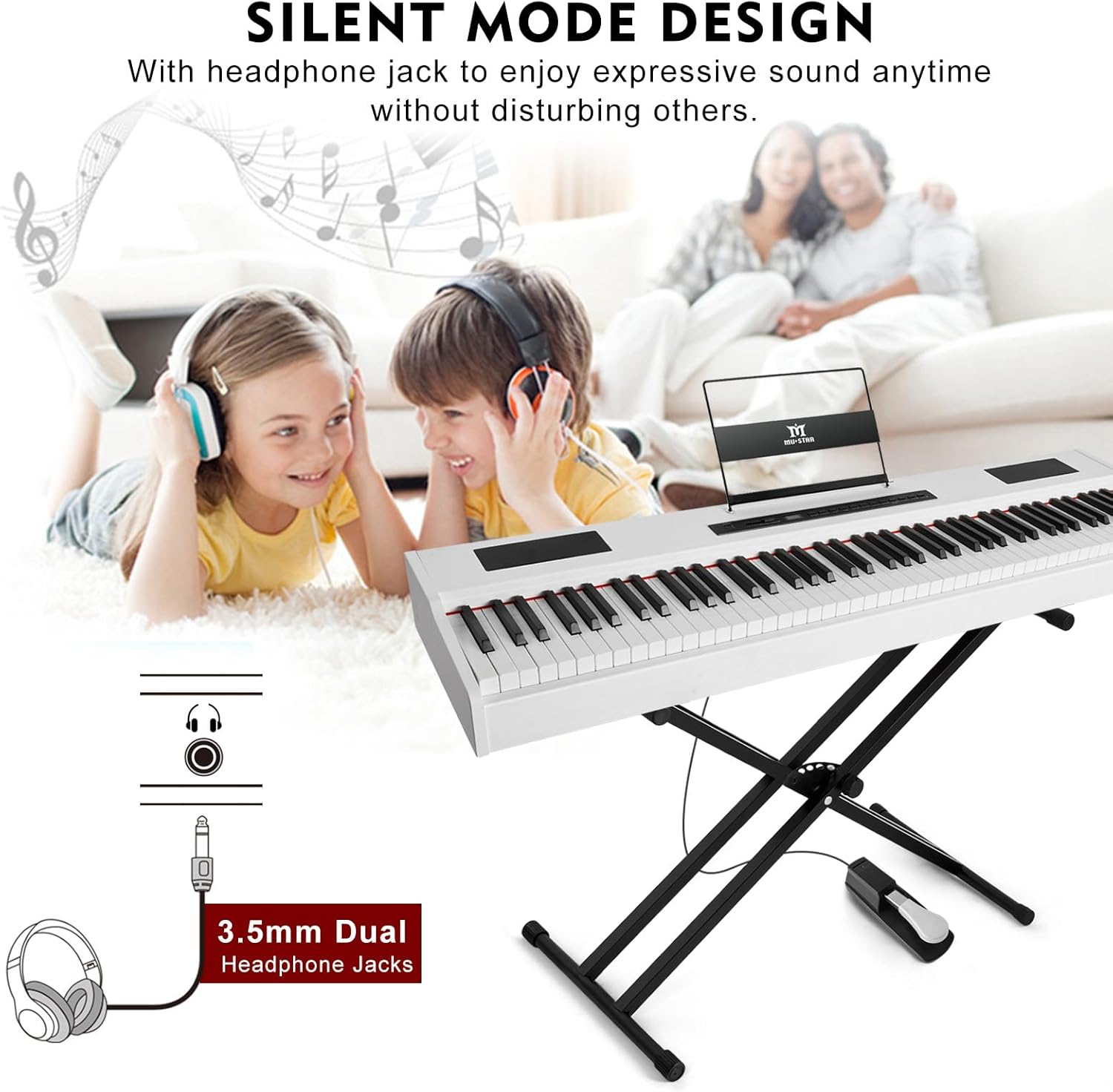 Image depicting the silent mode design with dual headphone jacks for private practice