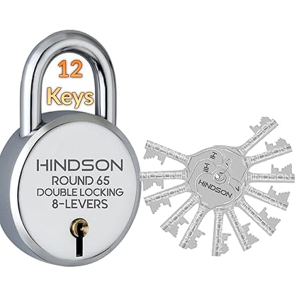 HINDSON Lock Round 65mm with 12 Key, Steel Double Locking, 8 Lever Padlock for Door, Gate, Shutter (Finish Silver) (12 Keys)