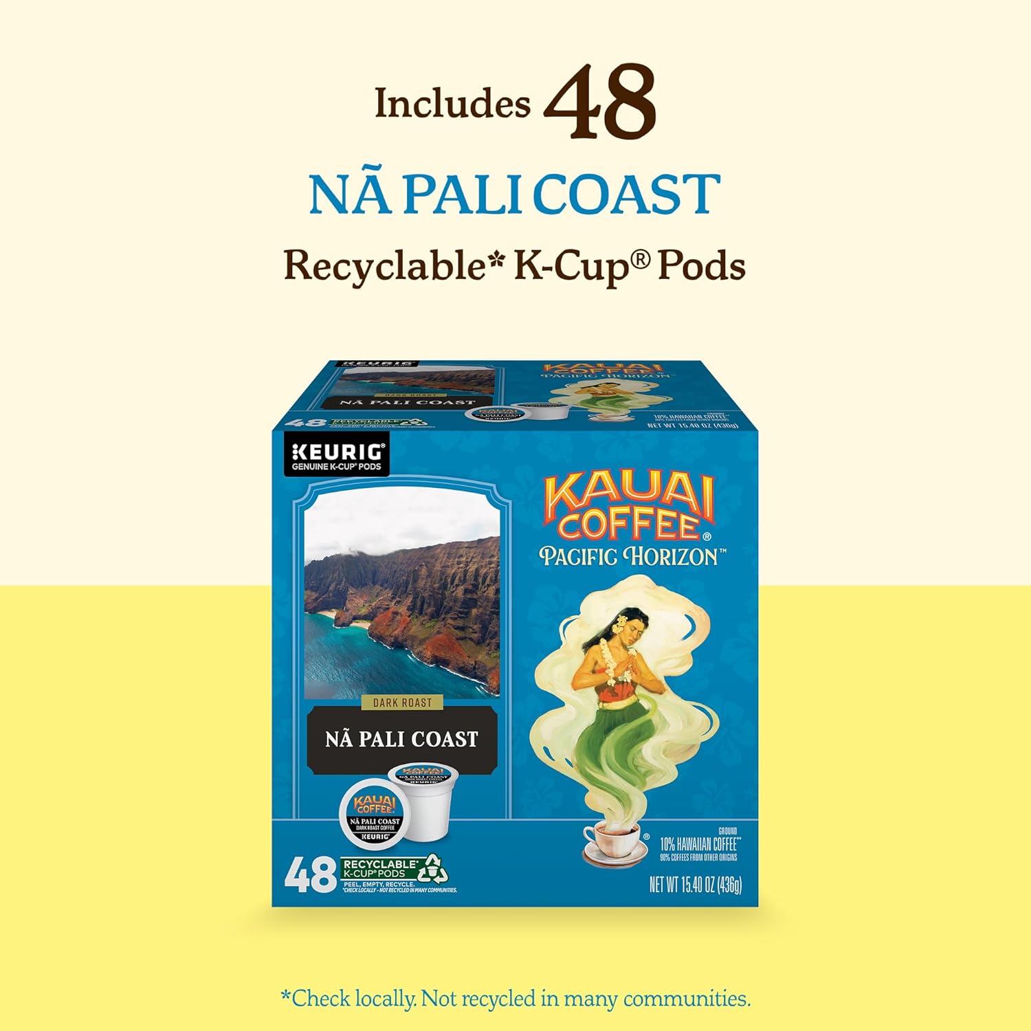 Kauai Coffee K-Cup Pods for Keurig Brewers – Arabica Coffee, 10% Hawaiian – Dark Roast, Nutty with Sweet Chocolate Overtones – Na Pali Coast, 1 Pack of 48 Single Serve K-Cups