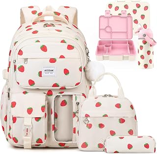 ACESAK Backpack for Girls with Bento Box & Water Bottle (Beige Strawberry) | 4PCS Strawberry Backpack Girls Backpack with Lunch Bag, Pencil Case, 43oz Leakproof Bento Box & 14oz Insulated Kids Cup