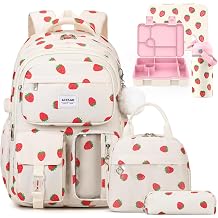 ACESAK Backpack for Girls with Bento Box & Water Bottle Beige Strawberry