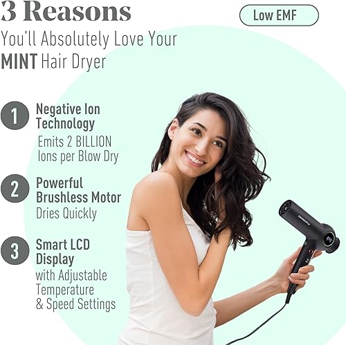Miniatura 3 de MINT Secador de pelo iónico libélula con difusor  Secador de pelo profesional ligero  Ion negativo inteligente  Secador iónico sin escobillas de