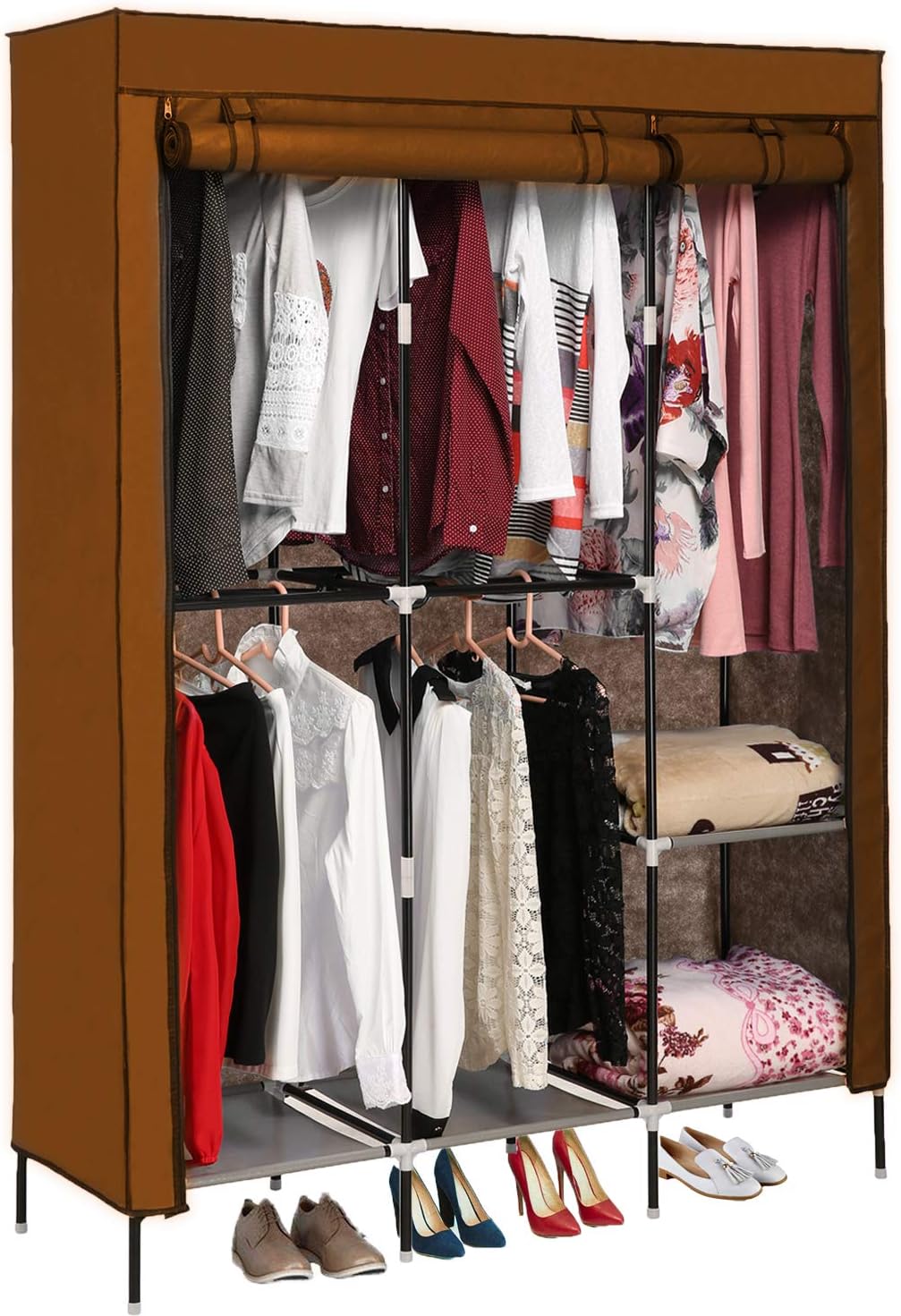 OPPSDECOR Portable Clothes Closet, Wardrobe Storage Closet Portable Closet Organizer with 5 Hanging Rack, Easy to Assemble (Brown)