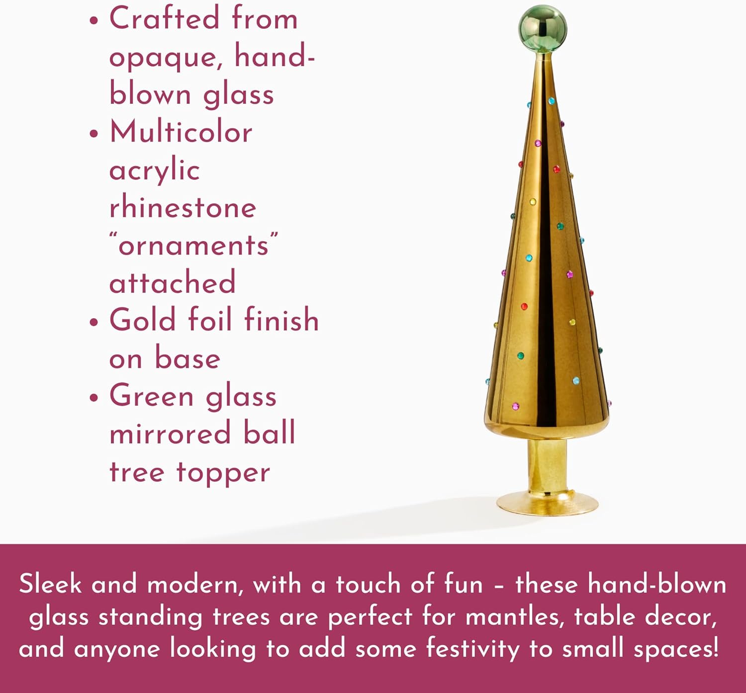 Red Carpet Studios Hand-Blown Glass Christmas Tree with Rhinestones, 15.75" - Medium, Gold