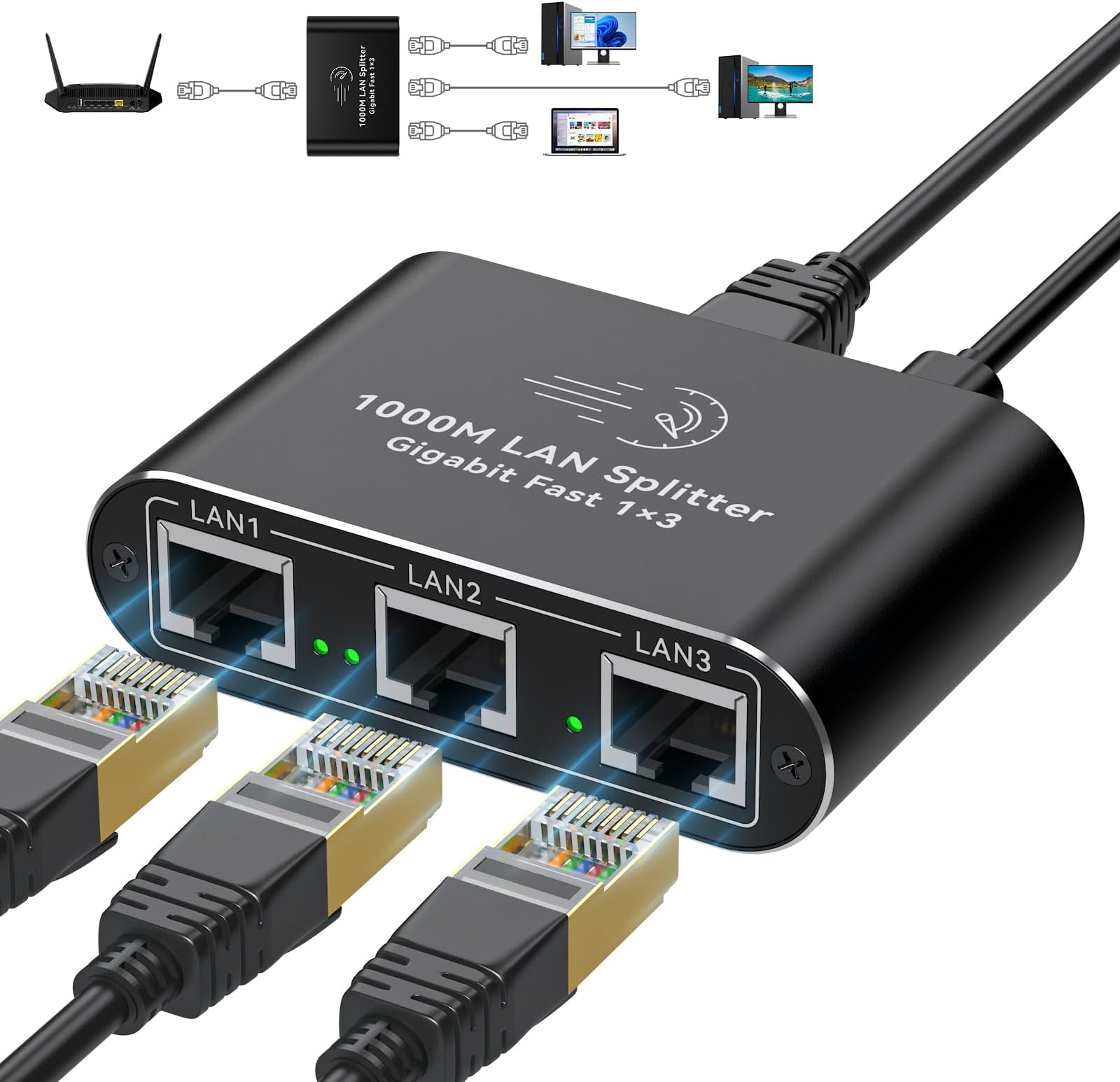 Ethernet Splitter 1 to 3 1000Mbps Internet Cable Splitter 1 in 3 Out High Speed Either Network Splitter Gigabit Dual LAN RJ45 Port Router Switch Work with Cat6/7/8 Cable