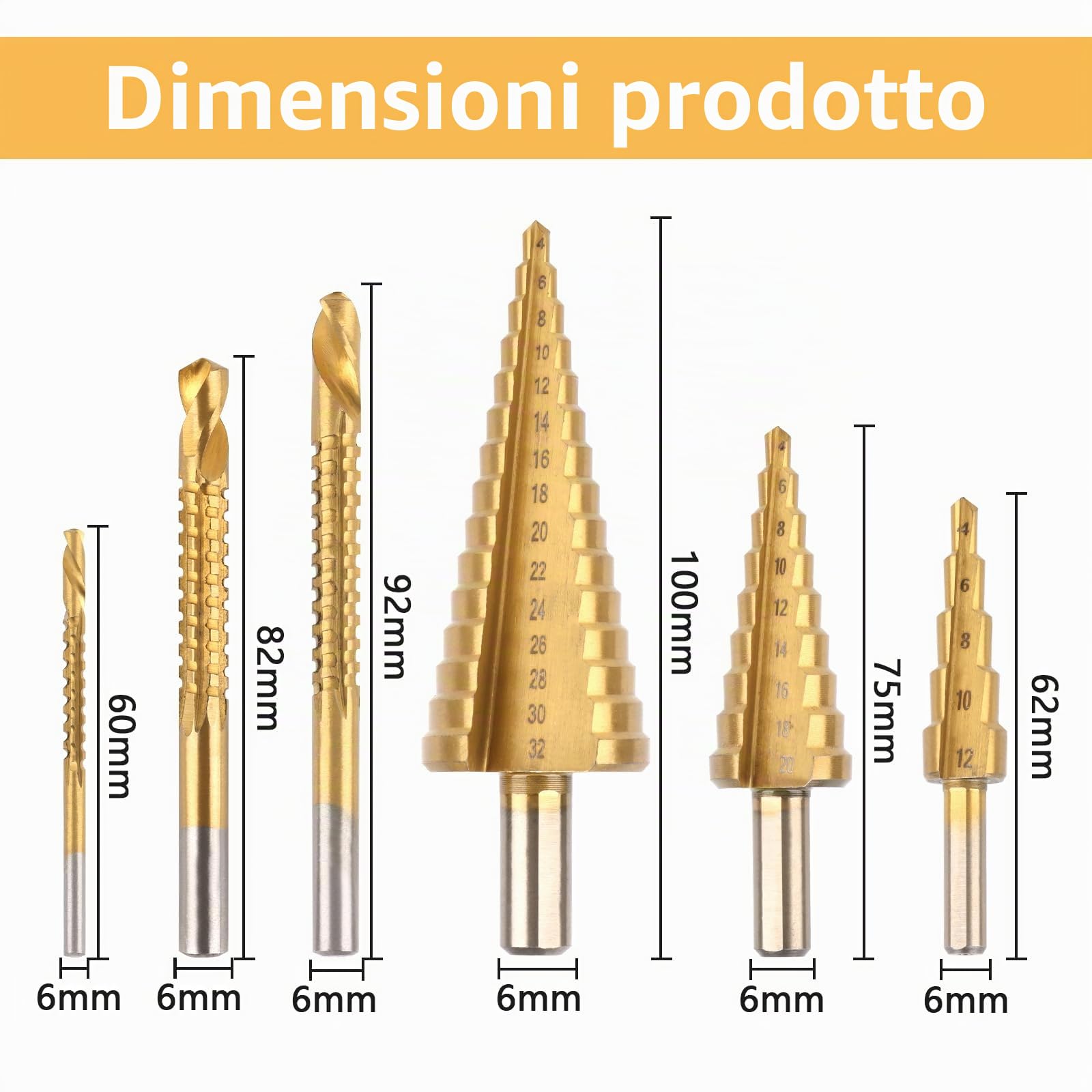 MXTIMWAN Fresa Conica Trapano a Gradini,6 Pezzi,Punte Coniche HSS Trapano in Titanio,Punte a Gradino con Gambo Esagonale,Punte a Gradini 4-32mm、4-20mm、4-12mm per Legno, Metallo, Plastica, Alluminio