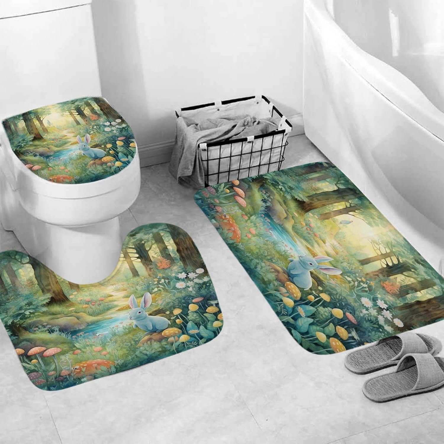 4 Pcs Forest Bathroom Decor Set with Shower Curtain and Rugs and Accessories Blue Rabbit Shower Curtain Set with 12 Hooks 72 in x 72 in Colorful Mushrooms Bathroom Shower Decor Accessory Set
