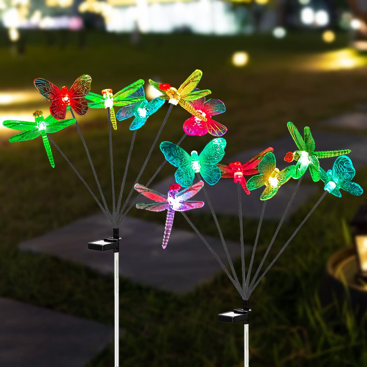 2 Pack Color Changing Solar Lights Outdoor, Butterfly Dragonfly Swaying Garden Lights, Swaying in the wind, Waterproof Solar Stake Decorative Lights for Christmas Gardening Gift Lawn Patio Driveway