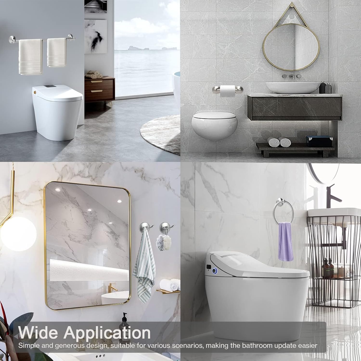 Newfun 8-Pieces 24 Inch Brushed Nickel Bathroom Hardware Set, Bathroom Accessory Set, Includes 24" Adjustable Bath Towel Bar, Towel Rings Wall Mounted, Toilet Paper Holder, Robe Towel Hooks