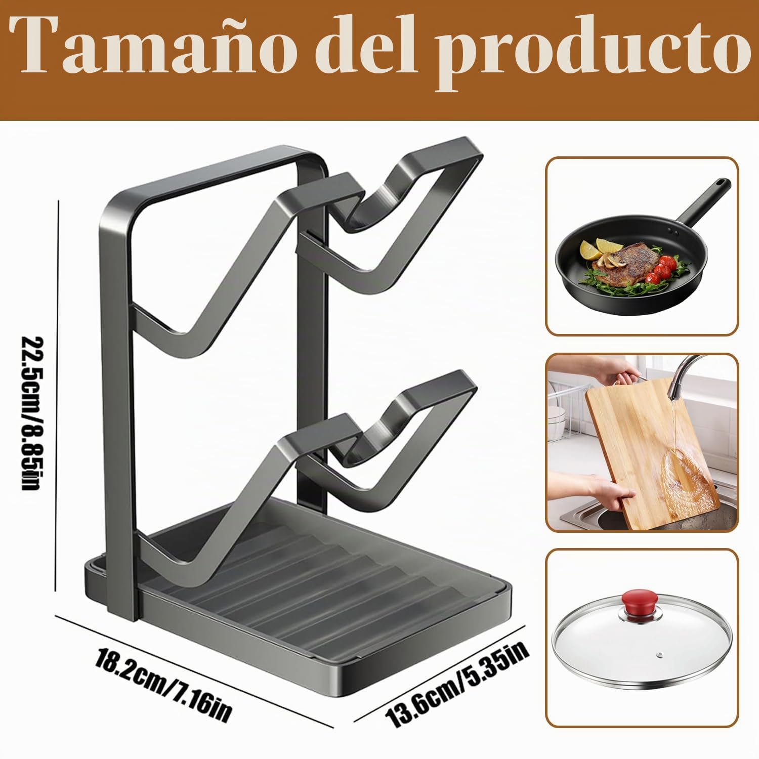 Organizador de tapa de olla con soporte, Organizador de tapa de olla con Bandeja Extraíble para Goteos, Soporte de tapa de olla de acero inoxidable de 2 capas, para cuchara para encimera de cocina