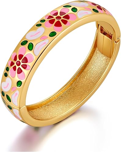 Colorido brazalete esmaltado para mujer, lindo brazalete de cerezo, brazalete abierto con bisagras de resorte