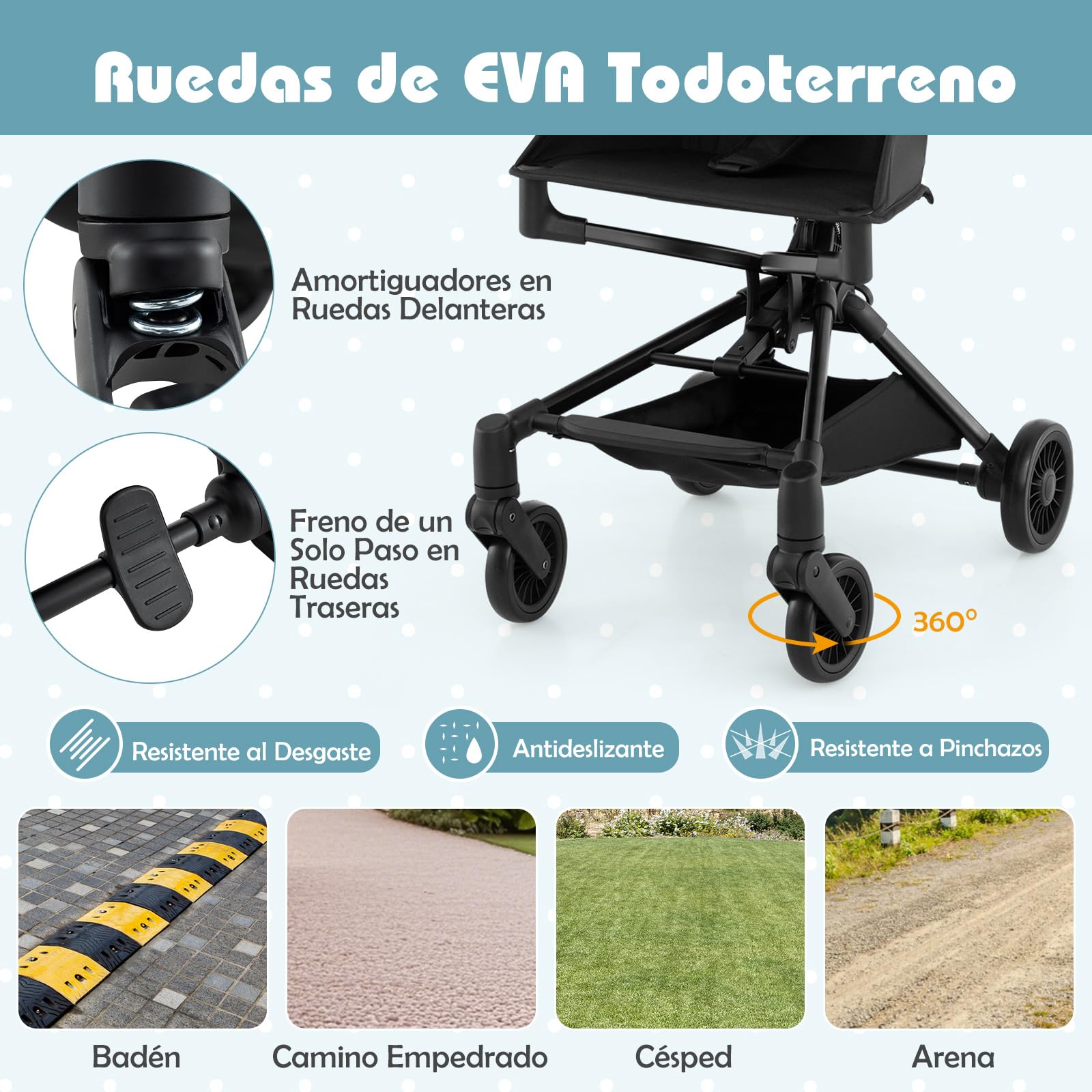 COSTWAY Silla de Paseo Ligera, Carrito Bebe Plegable con Capota Ajustable, Cochecito Bebe Compacto para Avión, Canasta de Almacenamiento y Ruedas Todo Terreno, para Bebés de 6+Meses