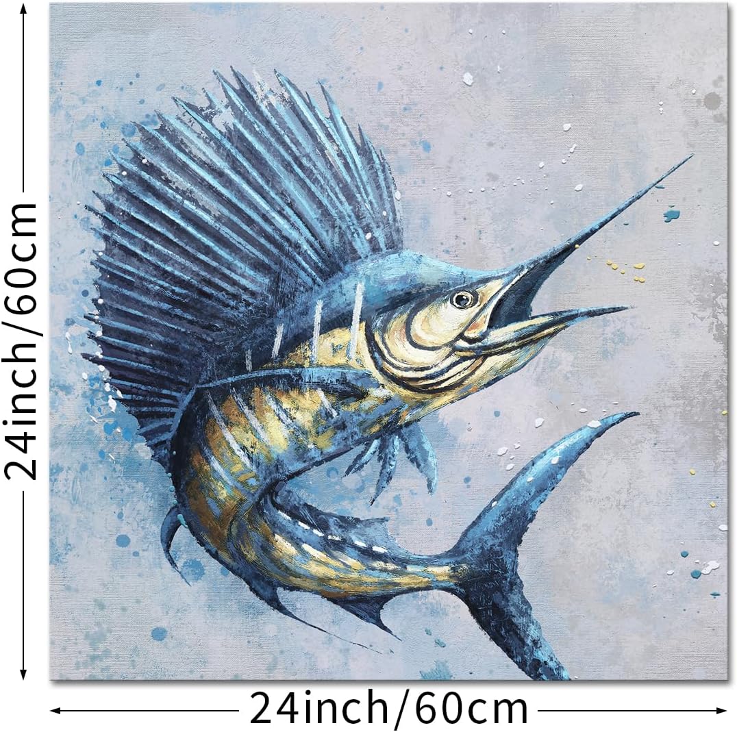 iKNOW FOTO Sailfish Wall Art Blue Fish Painting 24x24 Inch Stretched Canvas Print Coastal Ocean Artwork for Bathroom Living Room Office Nautical Sea Animal Decor Ready to Hang