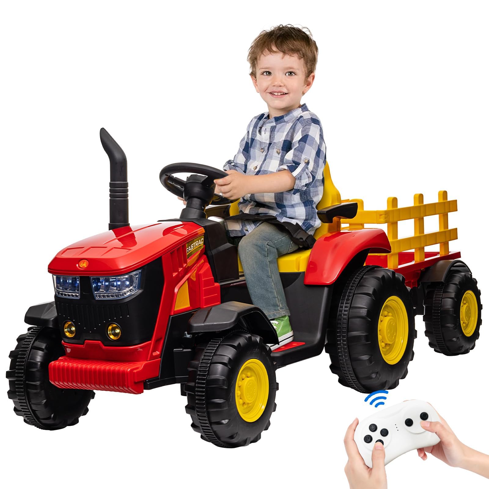 kids ride on tractor, 12v battery powered tractor car toy with detachable trailer and remote control, safety belt, dual 35w electric vehicles for boys girls, red