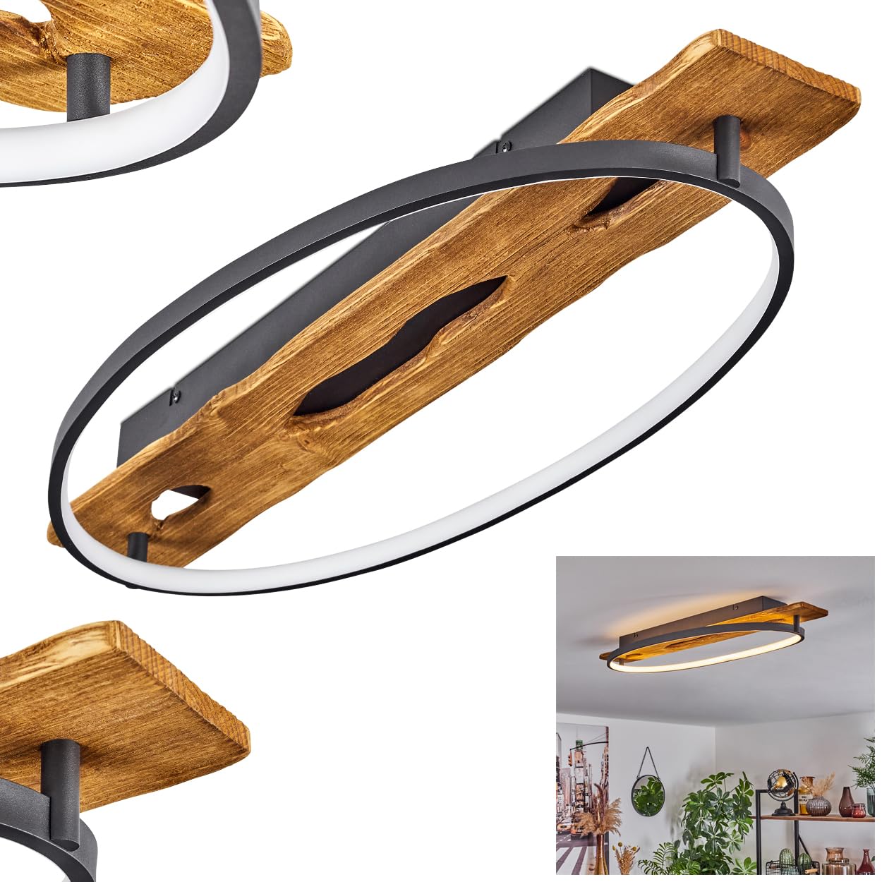 HOFSTEIN LED Deckenleuchte Nevogilde, moderne Deckenlampe aus Metall/Holz/Kunststoff in Anthazit/Natur/Weiß, Leuchte im skandinavischen Design mit Holzbalken, 2400 Lumen, 3000 Kelvin, 20 Watt