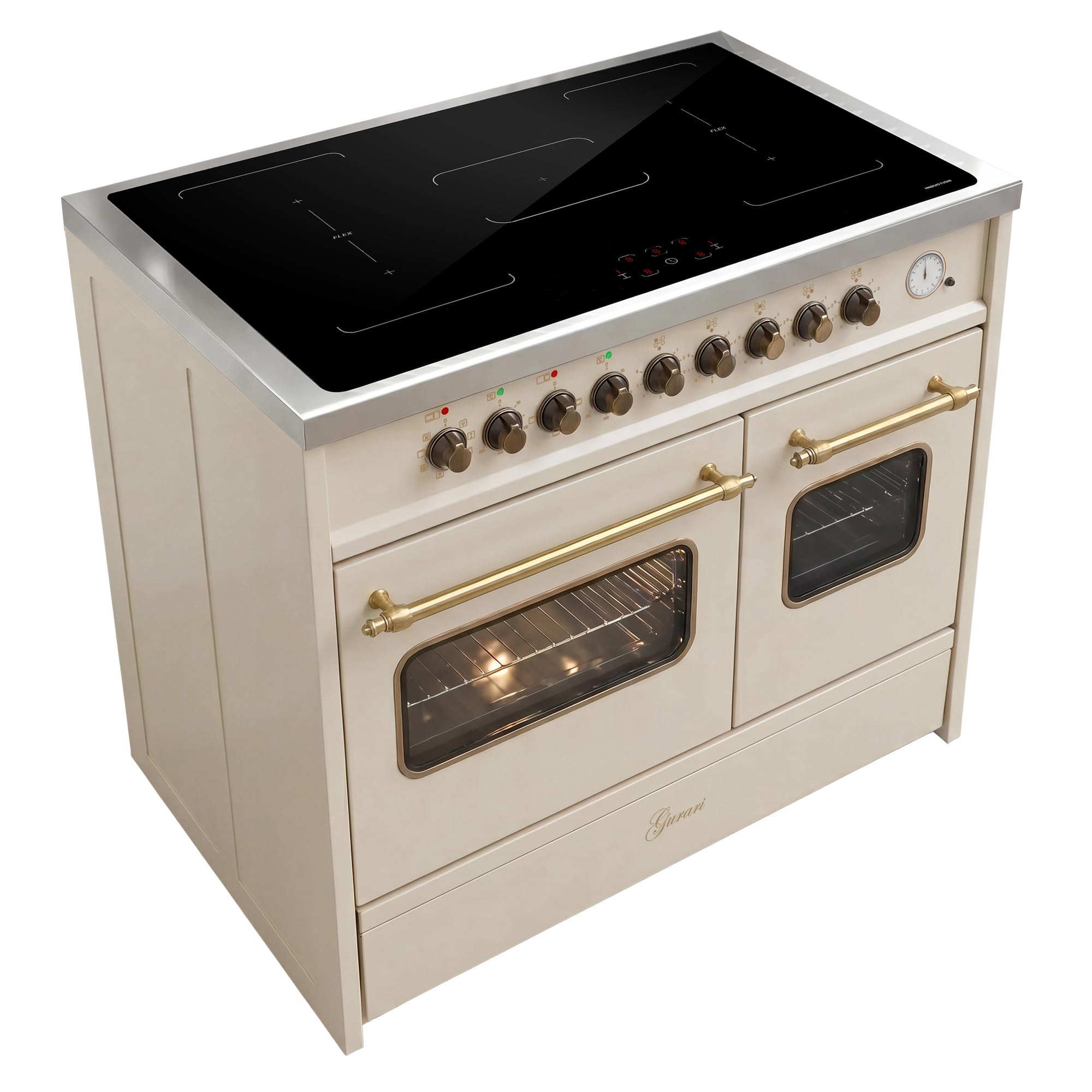 Gurari Induktions Standherd 90 cm GCH E 913 DF CR • Retro Range Cooker Creme • 2 Backöfen • 5 Induktionszonen mit 2 Flexzonen & Booster • Easy Clean Emaille • Premium Elektroherd