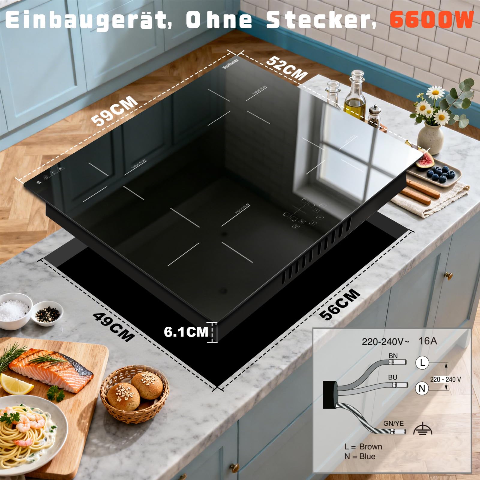 Induktionskochfeld mit Timer und Einbaubackofen mit Drehknopfsteuerung