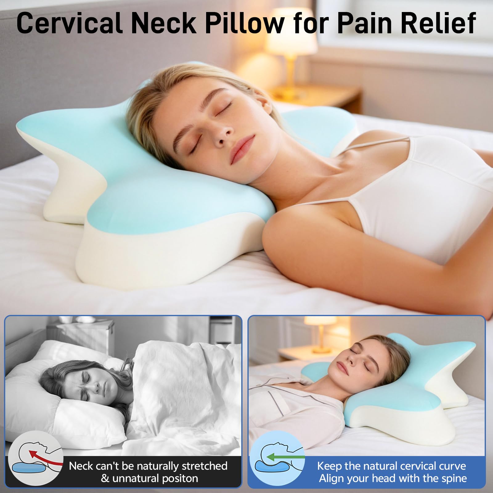 Cuscino ortopedico per dolori al collo, cuscino ergonomico con federe rinfrescanti e lavabili, in memory foam, per chi dorme sul fianco, sulla schiena, sulla pancia, per leggere