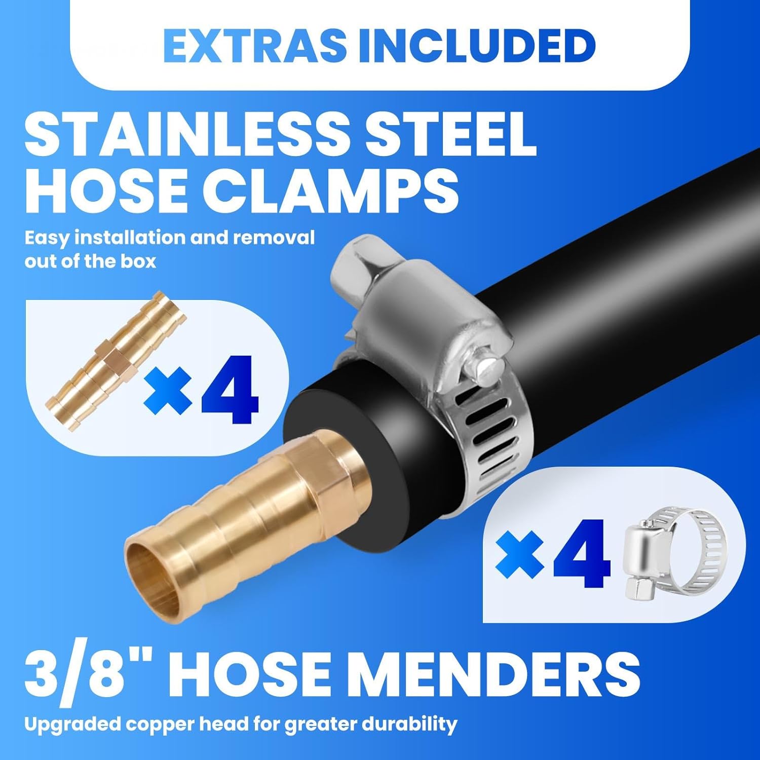 3/8 Inch Self Sinking Weighted Pond Hose, 656 Ft Heavy Duty Aeration Tubing Kit for Pond Air Pump Aerator Outdoor, Includes 4 Stainless Steel Clamps & 4 Copper Menders for Easy Setup