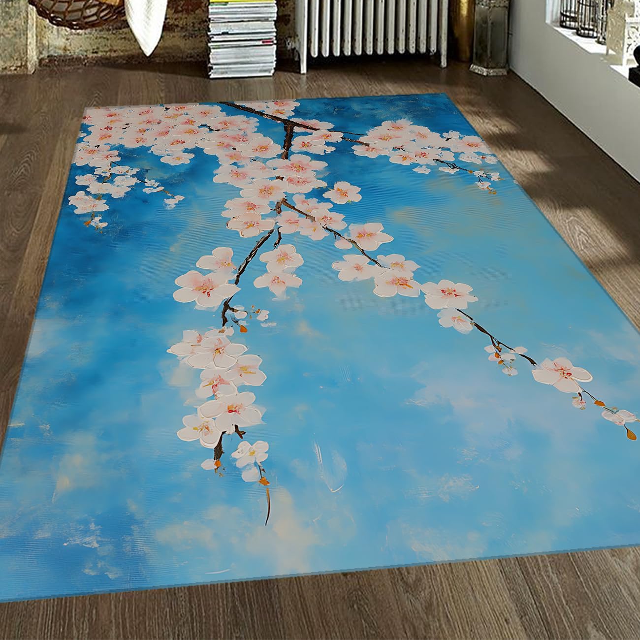 Tapis motif branches de cerisier fleurs pour décorer une entrée chaleureuse et propre