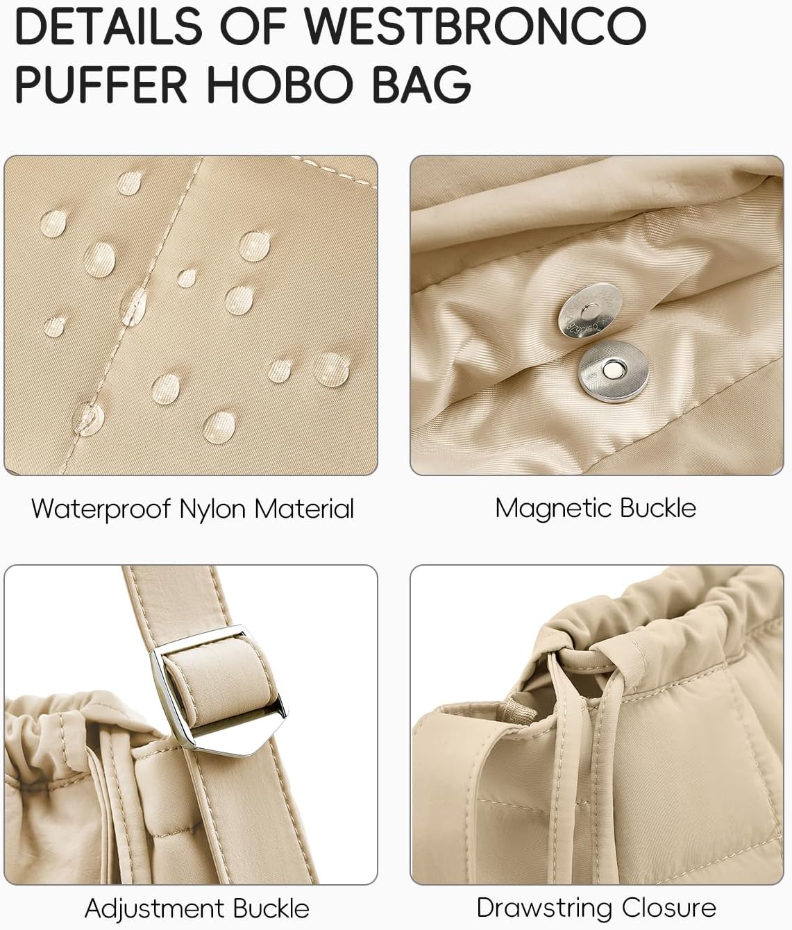 WESTBRONCO Puffer Hobo Bags for Women Puffy Nylon Shoulder Bag, Women's Quilted Handbags with Shoulder Wide Strap - Image 5