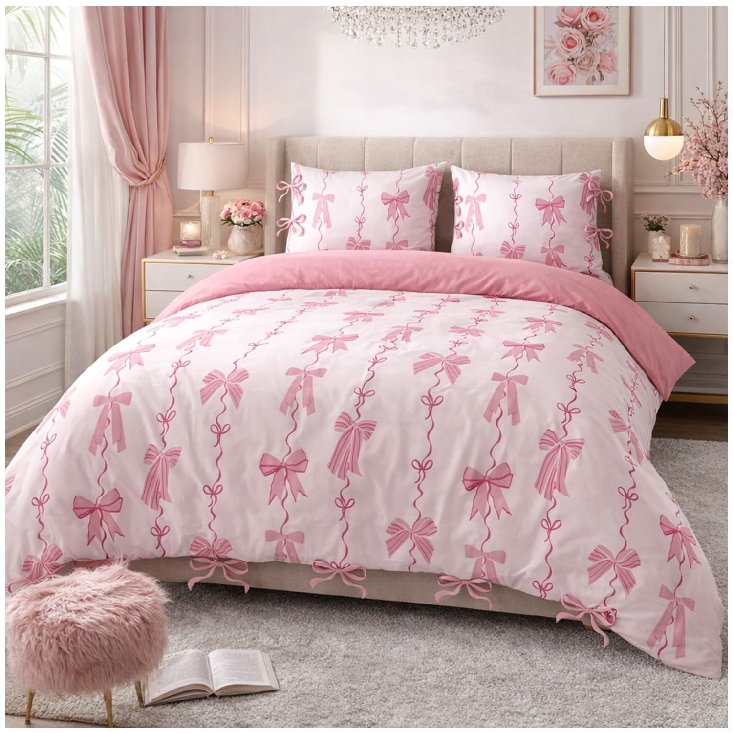 GC GAVENO CAVAILIA Bows Double Duvet Cover Set Reversible Bedding - Pink