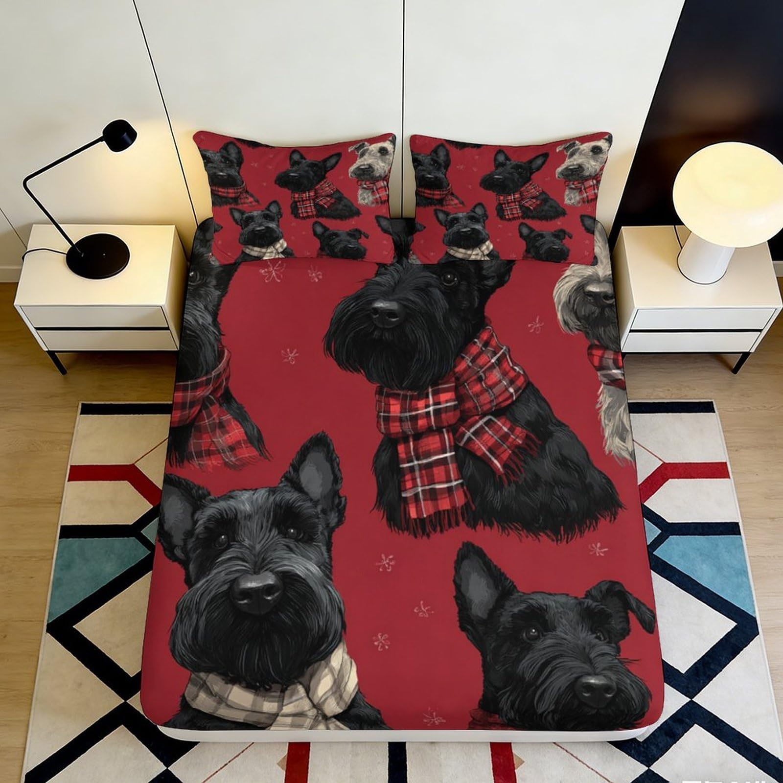 3D Printed Scottish Terrier Dog Fitted Sheet Microfiber Red Plaid Black Dog Mattress Cover Bedroom Dorm Decor 90x200x25cm