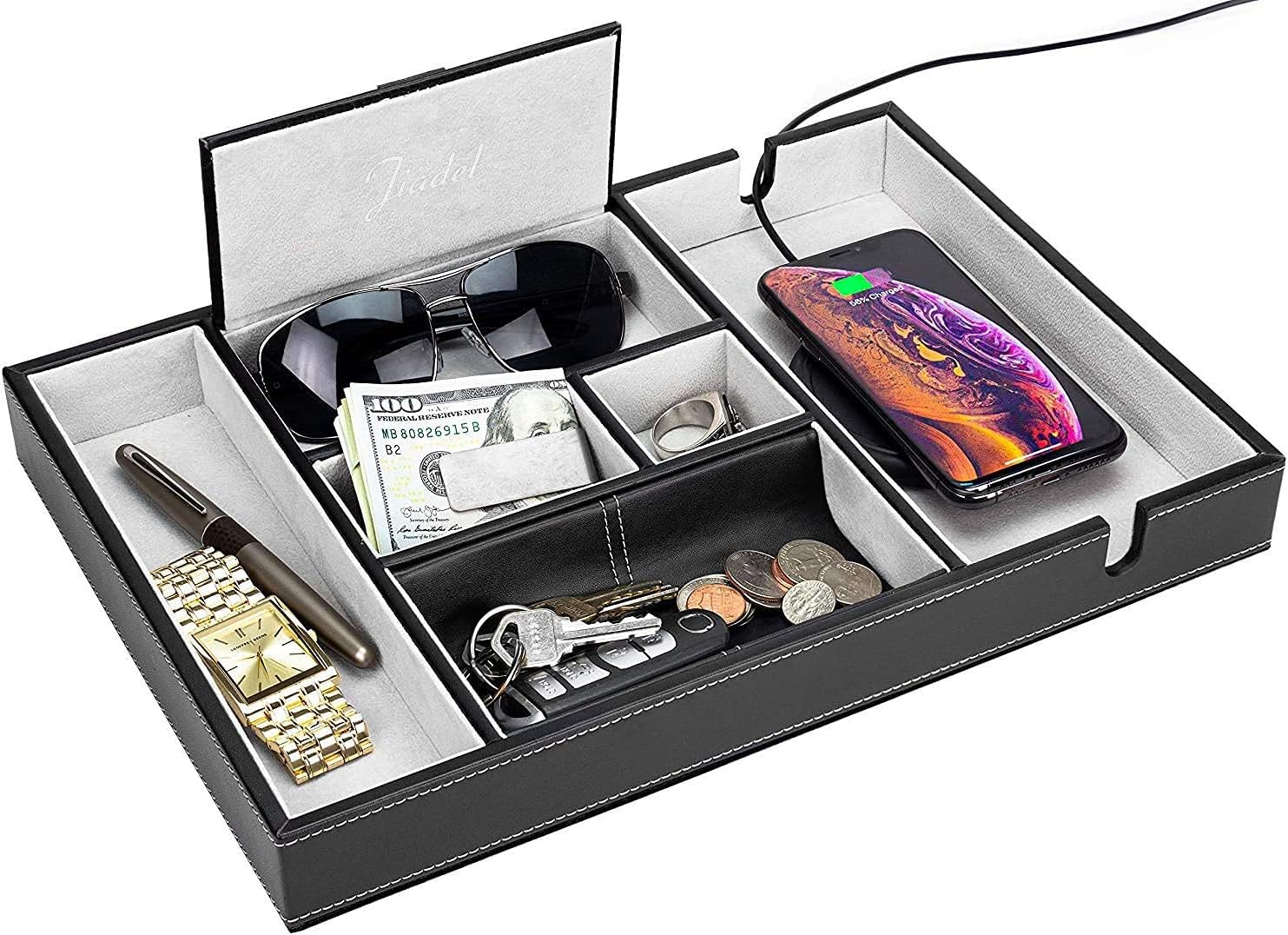 Leather Valet Tray for Men - EDC Catch All, Dresser Organizer, Jewelry & Wallet Desk Accessory, Bedside Entryway Key Catchall