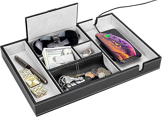 JIADEL Valet Tray for Men | 6 Compartments | Bedroom Organizer with Charging Station | Perfect for Men and Women | Black PU Leather | Decorative Gift Box
