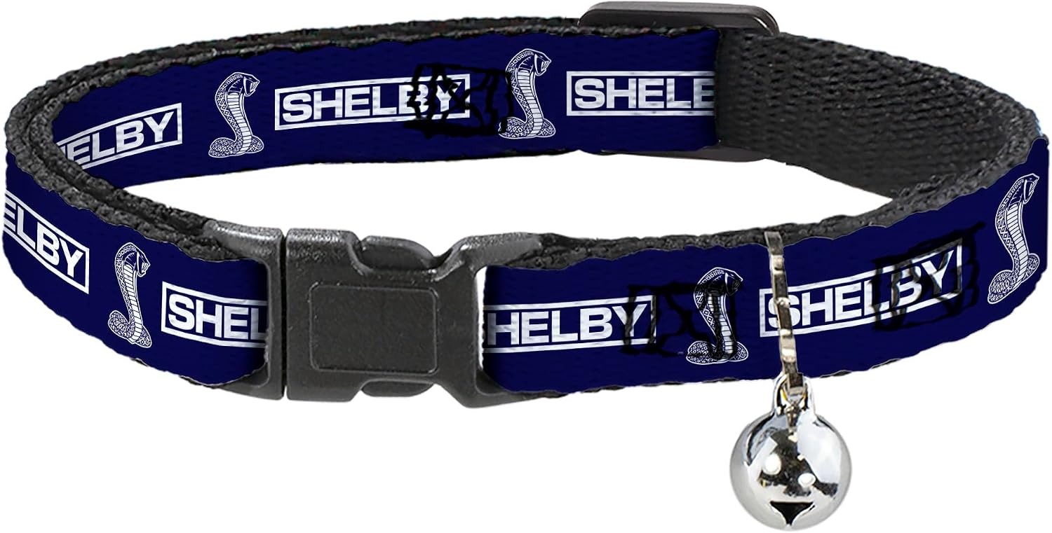 Shelby Breakaway Cat Collar | Shelby Box Logo and Super Snake Cobra Blue White Durable Adjustable Bell ID Tag Ring