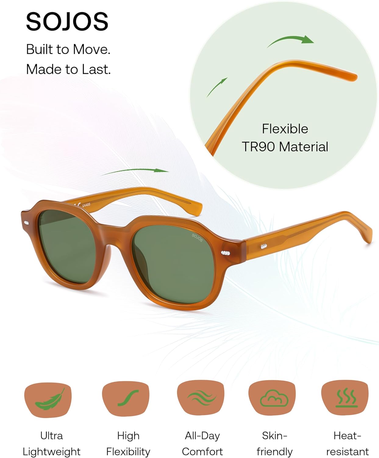 SOJOS Retro Polygon Round Polarized Sunglasses for Men Women,Vintage Italian Acetetace Frame Hand Made Style SJ2667