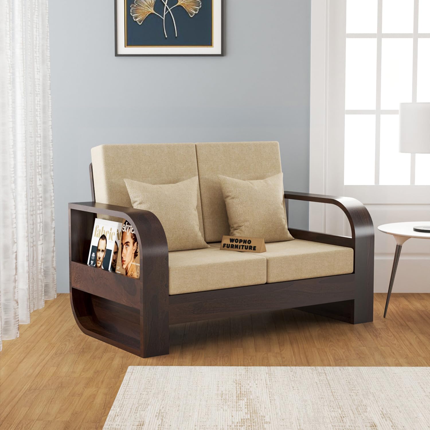 sheesham wooden 2 seater sofa for living room | solid wood sofa | rosewood sofa set for home & office | lounge (walnut,beige, 2 seater)