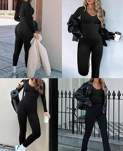 Vista 3 de FeelinGirl Mono de manga larga para mujer, cuello en V, entallado, largo completo, acanalado, para entrenamiento