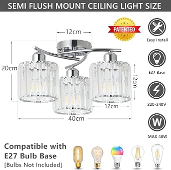 Rayofly Ceiling Lights Living Room, 3-Lights Modern Crystal Chandeliers Ceiling Light, Crystal Chandelier with Glass Shade, Hallway Ceiling Light Fitting, Flush Ceiling Lamp for Hall, Bathroom, Chrome [Energy Class D]
