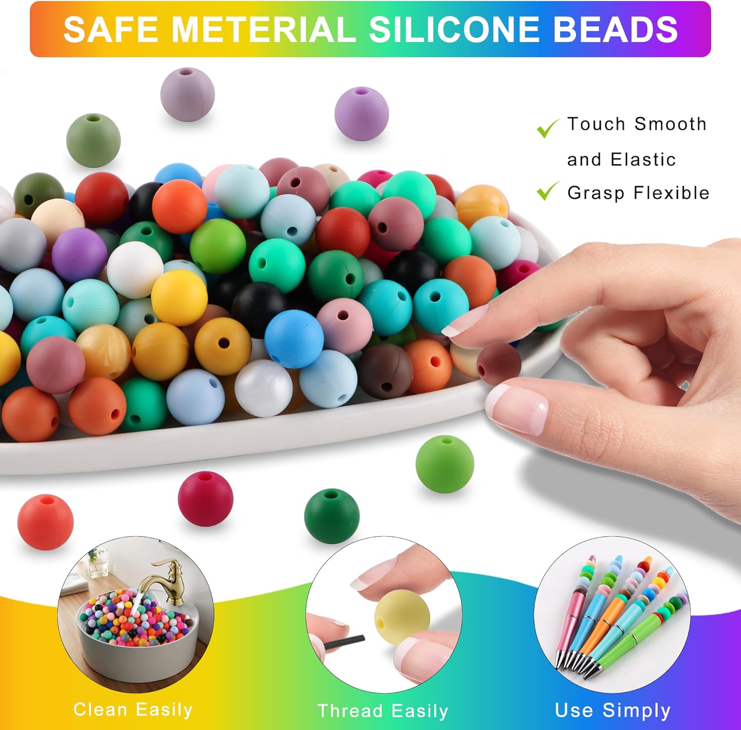 Sunrony Mixed Color Random 160PCS 12mm Silicone Beads for Keychain Making, Multicolor Round Silicone Beads for Pens and Necklace Bracelet Crafts Making - Image 6
