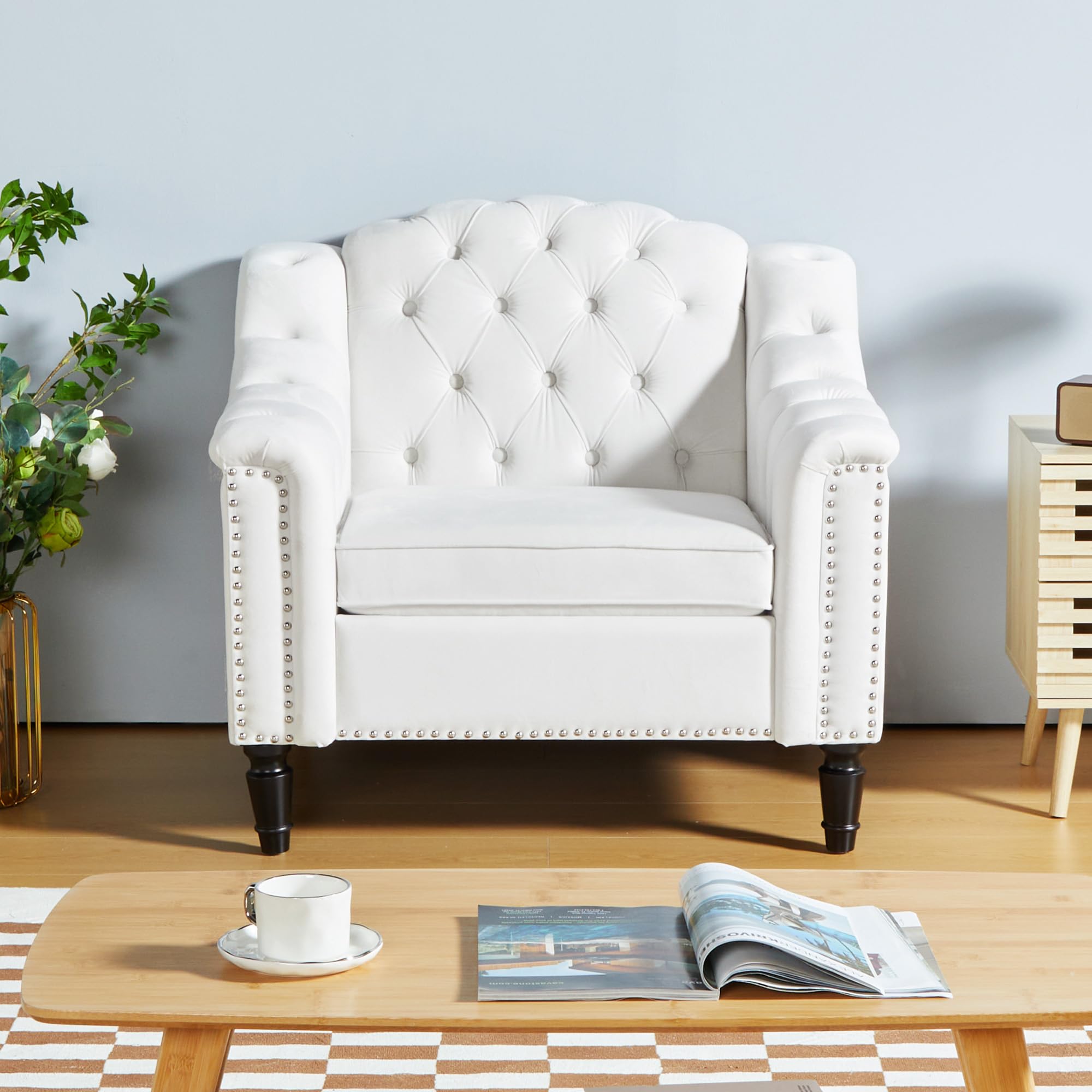 LEVNARY White Velvet Chair for Bedroom, Upholstered Sofa Chair with High Back, Mid-Century Modern Armchair with Solid Wood Legs, Single Couches for