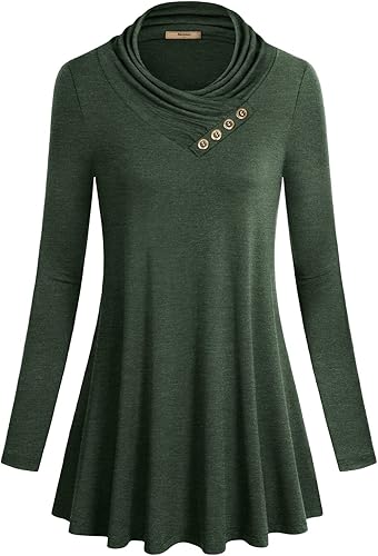 Miusey - Camiseta tipo túnica con manga larga y cuello drapeado para mujer, blusa informal y ajustada que favorece la figura