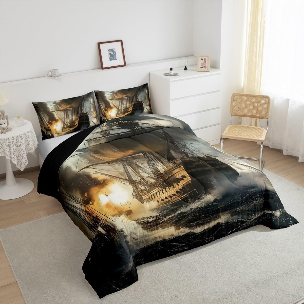 Erosebridal Sailboat Bedding Set Full Size,Pirate Nautical Comforter Set for Kids Boys Men Room Decor,Sail Boat Sailing Ship Quilt Bed Set Ocean Marine Bedding Comforter Sets with 2 Pillowcases