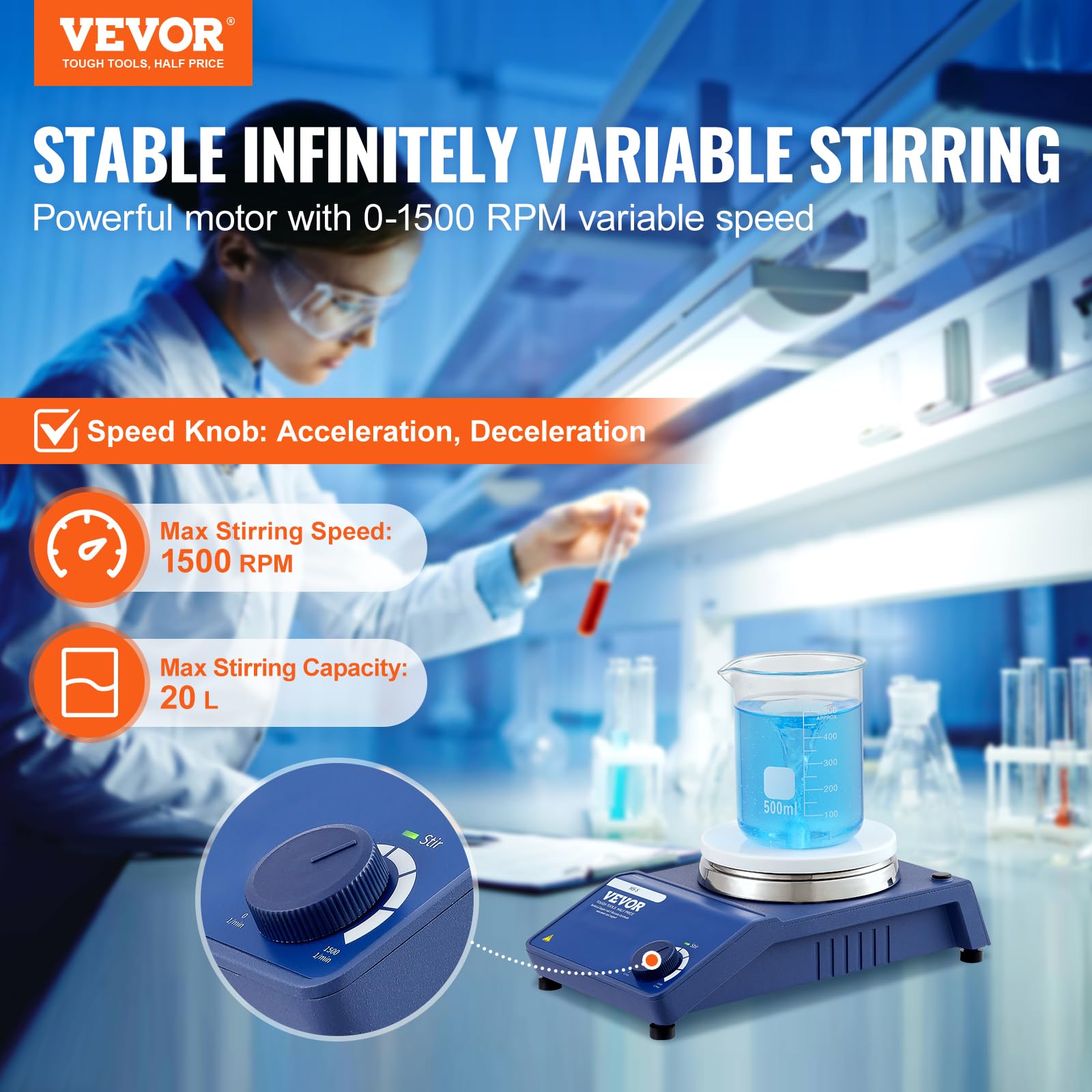 VEVOR Agitatore Magnetico, Piastra di Agitazione 0-1500 RPM con Manopola di Velocità Regolabile, Kit Agitatore a Piastra da 21 Litri, Barra di Agitatore Inclusa