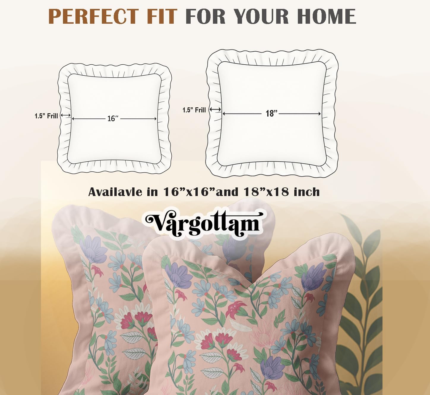 Farmhouse Style Frill Pillow Covers 16x16 Cotton Cushion Covers Set of 2, Floral Pattern, Double Side Printed, Zipper Closure