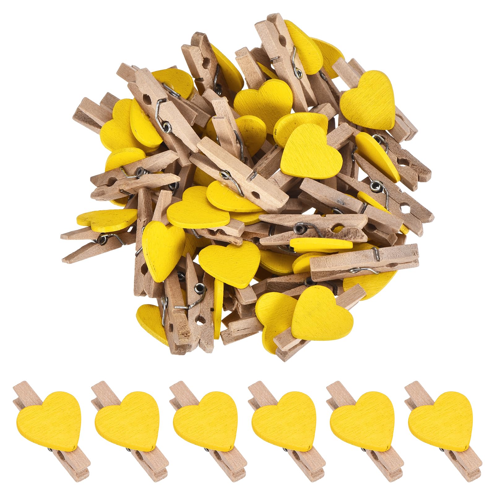 sourcing map 50Pcs Mini Heart Photo Clips, 3cm Wooden Clothespins for Pictures Small Clothes Pins for Hanging Memo Card DIY Crafts Paper Photo Postcard Wedding Display, Yellow