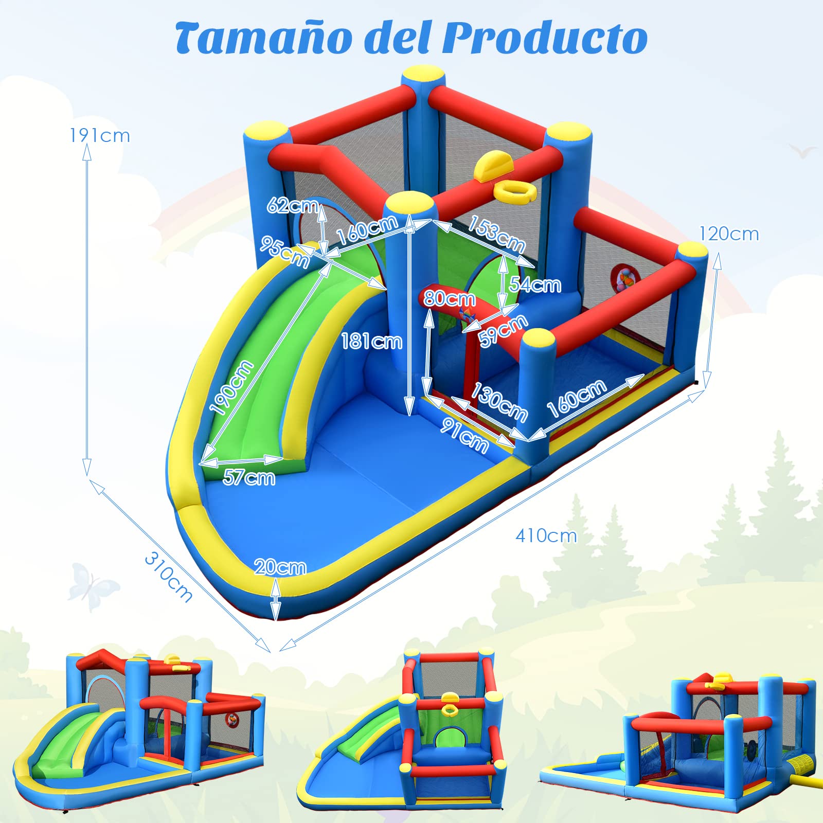 COSTWAY Tobogán Acuático Inflable, Castillo Inflable con Tobogán Mojado Seco para Interior y Exterior, Parque Acuático Portátil para Patio con Pelotas, Pelota de Baloncesto Inflable sin Compresor