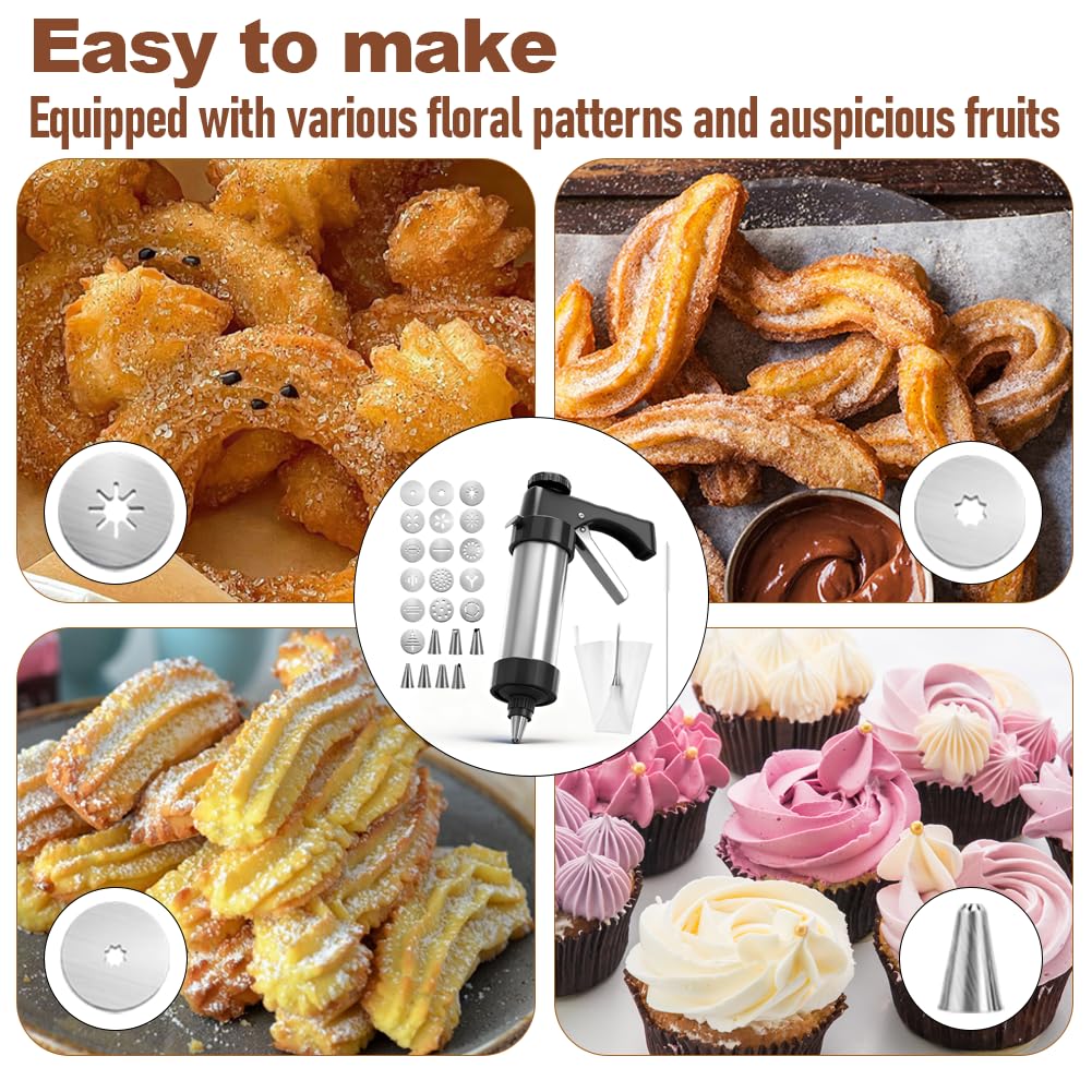 RANJIMA Spara Biscotti Set per Pasticceria, Macchina Biscotti Manuale con 16 Stencil in Acciaio Inox, Pressa per Biscotti di Forma per Creare Biscotti di Zucchero, Churros e Pasta Frolla