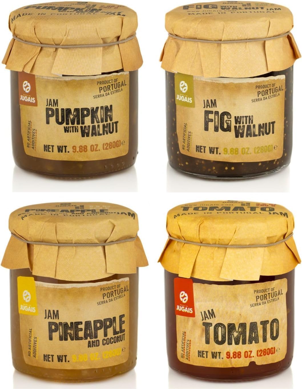 Vielfältige Auswahl an Marmeladen, Set mit 4 Gläsern à 280 g, exklusive Geschmacksrichtungen: Kürbis mit Walnüssen, Feige mit Walnüssen, Ananas mit Kokosnuss, Tomate ohne künstliche Zutaten
